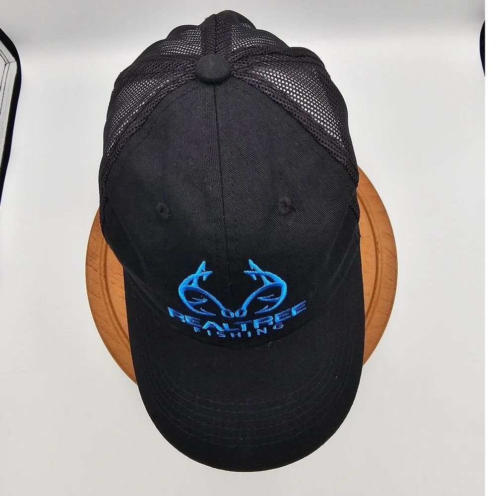 Realtree Fishing Trucker Hat Black Mesh Back‎ Snapback Cap Blue Logo OSFM